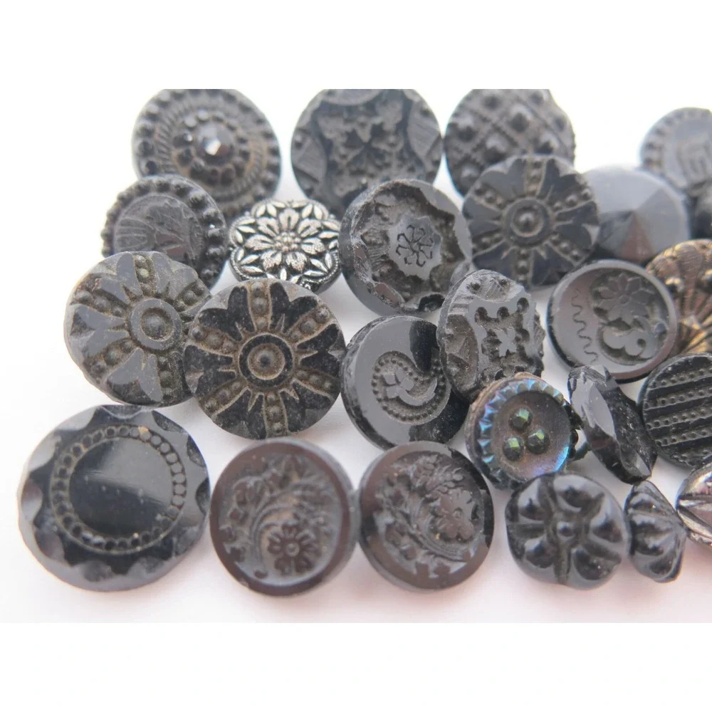 Antique Stunning Carved Molded Black Glass Buttons Lot*Flowers*Highly Detailed‎